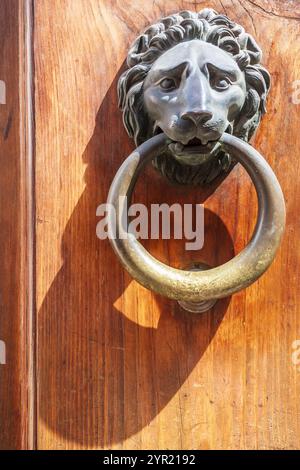 Gros plan d'un frappeur de porte en bronze en forme de lion à Rome, en Italie. Banque D'Images