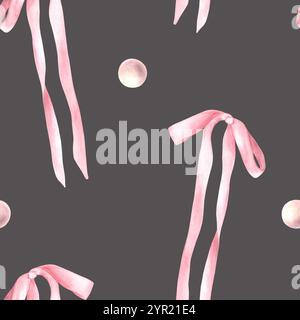 Noeud en soie rose avec motif sans couture de perles roses. Ruban de cheveux mignon aquarelle, tissu de style coquette fille. Coiffures emballage de produit cadeau, papier peint Banque D'Images