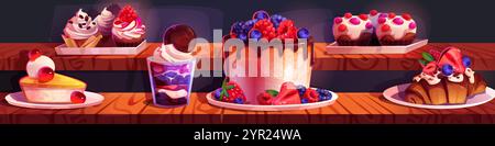 Desserts avec gâteaux et muffins. Illustration vectorielle de dessin animé d'étagère avec tarte au chocolat, cheesecake, crème glacée, cupcakes croissants décora Illustration de Vecteur