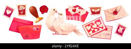 Collection postale romantique avec des colombes affectueuses et des enveloppes ornées de coeur, des timbres roses et des cartes de voeux, sceau de cire. Cartoo de courrier Valentine rose et rouge Illustration de Vecteur