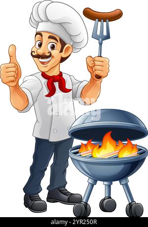 Chef Cartoon barbecue Cook Man Mascot personnage Illustration de Vecteur