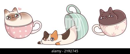 Chats Kawaii dans des tasses ensemble isolé sur fond blanc. Illustration de dessin animé vectoriel contemporain de personnages de chaton mignons assis et couchés dans la tasse, HAP Illustration de Vecteur