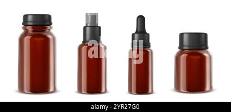 Bouteilles en verre ambré ou en plastique de différentes tailles avec bouchons noirs - dévissez, pompe, compte-gouttes et récipient à col large. Pack pharmaceutique vide pour St Illustration de Vecteur