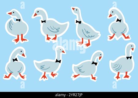 Motif carte d'anniversaire oie blanche. Conception d'élément d'ensemble isolé d'oiseau mignon de vecteur sur fond bleu. Illustration d'art clip d'anniversaire drôle. Autocollant oie Illustration de Vecteur