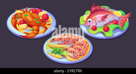 Plats de fruits de mer servie avec des garnitures colorées. Crabe cuit orné de tranches de citron, tomates. Poisson grillé décoré de laitue, agrumes. FR Illustration de Vecteur