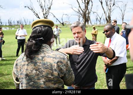 02 décembre 2024, Kenya, Village de Sulmac : Robert Habeck (Alliance 90/les Verts), ministre fédéral de l’économie et de la protection du climat, découvre les effets du changement climatique lors d’une visite au lac Naivasha. Les arbres meurent sur le lac à mesure que l'eau monte en raison du changement climatique. Habeck assiste au 5ème Sommet germano-africain des affaires au Kenya. Photo : Sebastian Christoph Gollnow/dpa Banque D'Images