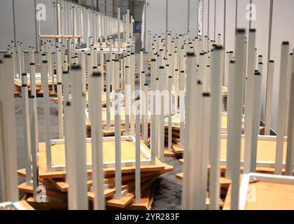 02 décembre 2024, Hambourg : les tables sont empilées la tête en bas lors d'un rendez-vous avec les médias dans le logement des réfugiés dans le Hall B5 sur le parc des expositions. À partir du 3 décembre, le Hall B5 deviendra à nouveau un hébergement d’urgence pour les réfugiés. L'occupation est prévue pour jusqu'à 300 personnes, avec une capacité d'urgence totale de 476 places dans les compartiments. Le logement sera géré par l’entreprise sociale municipale Fördern & Wohnen. Photo : Niklas Graeber/dpa Banque D'Images