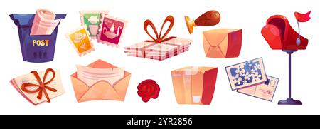 Collection postale avec boîte aux lettres violette et rouge, timbres colorés montrant des fleurs, des navires et des lettres attachés avec un ruban brun, des enveloppes scellées et de la cire s. Illustration de Vecteur