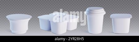 Maquettes de tasse de yogourt ensemble isolé sur fond transparent. Illustration réaliste vectorielle de récipients en plastique ronds et carrés pour les produits laitiers, IC Illustration de Vecteur