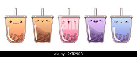 Boissons boba colorées avec de mignonnes expressions kawaii. Ensemble de vecteur de dessin animé de tasses en plastique de thé avec des perles de tapioca, des pailles et différentes émotions faciales. S Illustration de Vecteur