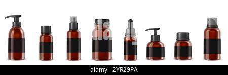Bouteille en verre ambrun pour maquette de vecteur isolé d'huile cosmétique ou de médecine. Récipient compte-gouttes, pompe à shampooing et pot d'essence d'apothicaire avec couvercle desi Illustration de Vecteur
