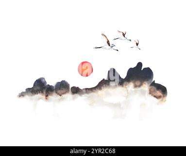 Beau lever de soleil avec le soleil et les grues se levant au-dessus de la montagne, fond de peinture orientale, illustration pleine d'espoir de carte de voeux du nouvel an Banque D'Images