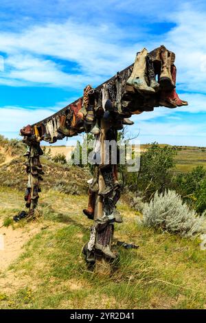 Un poteau en bois avec de nombreuses chaussures suspendues. Les chaussures sont de différentes tailles et couleurs. Le poteau est situé dans une zone herbeuse, et le ciel est clair a Banque D'Images