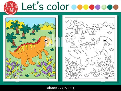 Page à colorier dinosaure pour les enfants avec iguanodon. Illustration vectorielle de contour avec paysage préhistorique. Livre de couleur pour les enfants avec exemple coloré. Illustration de Vecteur