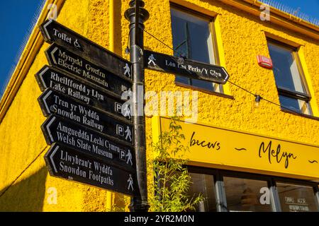 Royaume-Uni, pays de Galles, Gwynedd, Snowdonia, Llanberis, High Street, panneau d'information touristique à l'extérieur du bar Melyn peint en jaune Banque D'Images