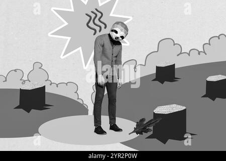 Image de collage créative de triste bouleversement tête de type se tenir entre la forêt d'arbres abattus isolée sur fond de paysage peint Banque D'Images