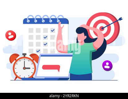 Illustration plate de vecteur de concept d'échéance, employé stressé avec beaucoup de travail à terminer avant la date limite, gestion du temps, Burnout et surcharge, Overwo Illustration de Vecteur