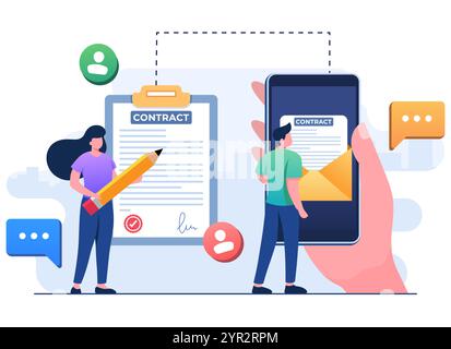 Bannière vectorielle d'illustration plate de contrat électronique, accord commercial, contrat de démarrage, adapté à la bannière de site Web, page d'atterrissage, Illustration de Vecteur