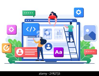 Les développeurs construisent un site Web interface utilisateur vue de face sur l'écran d'ordinateur portable, conception Web, UI UX, développement de logiciels, conception Web, conception d'applications, codage, Illustration de Vecteur