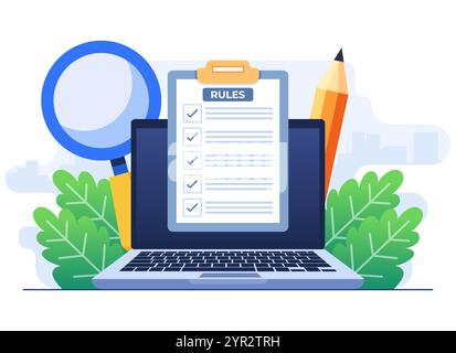 Règles et accord concept d'illustration plate, règles commerciales, réglementation, conformité, droit des sociétés et éthique des affaires, concept de politique d'entreprise pour w Illustration de Vecteur