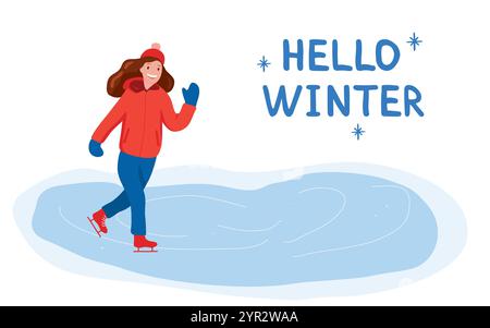 Illustration vectorielle d'hiver avec une fille chaleureusement habillée patinant sur un étang gelé, lettrage dessiné à la main Hello Winter. Parfait pour les salutations saisonnières, les promotions de sports d'hiver ou les designs de vacances confortables Illustration de Vecteur