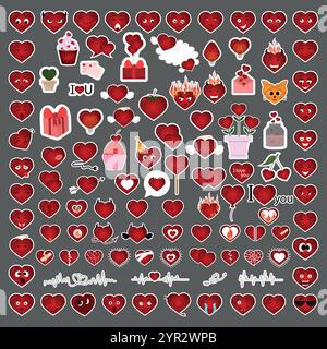 Saint-Valentin. Ensemble d'autocollants coeur. Cartes de Saint-Valentin. Émotions cardiaques Illustration de Vecteur