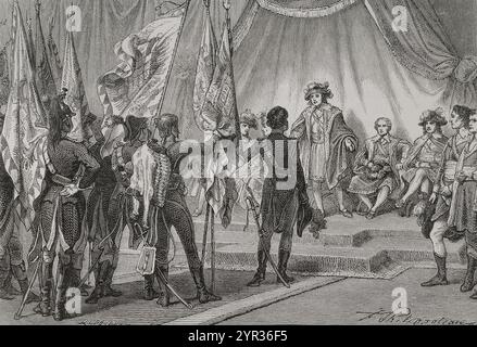 Guerres de la Révolution française (1792-1802). Joachim Murat (1767-1815) présente au Directoire les drapeaux conquis par l'armée révolutionnaire française lors de la campagne d'Italie de Napoléon (1796-1797). Dessin de Philippoteaux. Gravure. "Histoire de la Révolution française". Volume I, deuxième partie, 1879. Banque D'Images