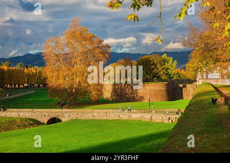 Automne à Lucques. Vue panoramique sur le parc public des anciens murs de la ville à St Donato Gate avec feuilles d'automne Banque D'Images