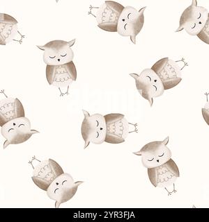 Modèle sans couture avec oiseau de bande dessinée. Illustration dessinée à la main de cheval mignon hibou beige sur fond isolé. Motif répétitif scandinave minimaliste Banque D'Images