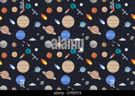 Un design vibrant et coloré mettant en valeur des planètes, des fusées et des étoiles dans une scène cosmique délicieuse Illustration de Vecteur