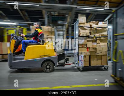 02 décembre 2024, Brandenburg, Rüdersdorf : un employé conduit un véhicule avec une remorque pleine de colis et de colis au centre de colis DHL. Quelques semaines avant Noël, le service de livraison de DHL livre actuellement environ un demi-million de colis par jour dans la région de la capitale. Les volumes de colis pour Berlin et une grande partie du Brandebourg sont traités par les trois centres de colis DHL à Ludwigsfelde, Rüdersdorf et Börnicke. En conséquence, environ 32 000 envois par heure sont traités sur ces sites logistiques, et pas moins de 50 000 à Ludwigsfelde. Photo : Patrick Pleul/dpa Banque D'Images