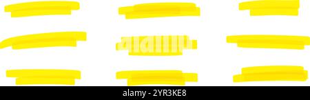 Contours de marqueur jaune définis avec texture de pinceau pour surligner le texte. Eléments de soulignement ou de boîte de Doodle. Illustration vectorielle plate isolée sur fond blanc Illustration de Vecteur