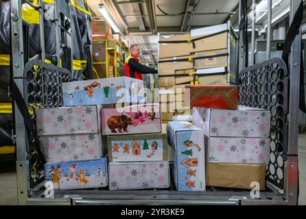 02 décembre 2024, Brandenburg, Rüdersdorf : un employé transporte des chariots remplis de colis et de colis au centre de colis DHL. Quelques semaines avant Noël, le service de livraison de DHL livre actuellement environ un demi-million de colis par jour dans la région de la capitale. Les volumes de colis pour Berlin et une grande partie du Brandebourg sont traités par les trois centres de colis DHL à Ludwigsfelde, Rüdersdorf et Börnicke. En conséquence, environ 32 000 envois par heure sont traités sur ces sites logistiques, et pas moins de 50 000 à Ludwigsfelde. Photo : Patrick Pleul/dpa Banque D'Images