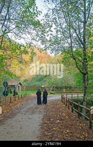 Deux frères marchant sur la route du Sanctuaire de la Verna, Foreste Casentinesi Monte Falterona e Campigna National Park, Chiusi della Verna, Toscane, Italie Banque D'Images