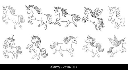 Ensemble vecteur d'art de ligne Cute Unicorn sur fond blanc. illustration unicorn pour coloriage. Illustration de Vecteur