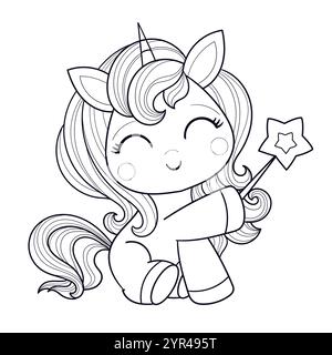 Mignon licorne de dessin animé tenant une baguette magique. Dessin au trait noir et blanc. Pour la conception de livre de coloriage pour les enfants, impression, jeu, éducation, partie, design, déc Illustration de Vecteur