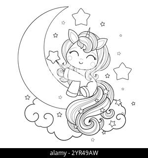 mignonne licorne kawaii assise sur la lune avec une baguette magique. Dessin au trait noir et blanc. Pour la conception pour enfants de livres de coloriage, impressions, affiches, voiture Illustration de Vecteur