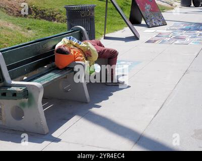 Personne sans abri dormant sur un banc à Venice Beach, Californie. Banque D'Images