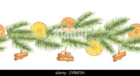 Branches de pin avec des tranches d'orange et des bâtons de cannelle dans un clipart de bordure d'aquarelle sans couture. Idéal pour les articles sur le thème des fêtes, les médias sociaux ou le papier d'emballage imprimé avec un attrait chaleureux et festif Banque D'Images