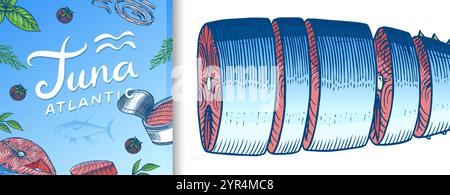Bannière de thon et de fruits de mer. Affiche de croquis de poissons. Style d'encre rétro. Poissons de rivière d'eau douce. Sandwich et conserves. Illustration vectorielle dessinée à la main pour le marché Illustration de Vecteur