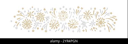 Joyeux Noël et joyeux nouvel an doodle feu d'artifice or et argent fantaisie fond festif. Paillasson, silvester, scintillement, paillettes, étoile, confettis Illustration de Vecteur