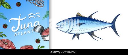 Bannière de thon et de fruits de mer. Affiche de croquis de poissons. Style d'encre rétro. Poissons de rivière d'eau douce. Sandwich et conserves. Illustration vectorielle dessinée à la main pour le marché Illustration de Vecteur