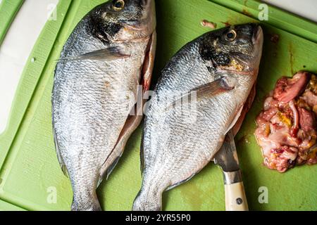 Poisson dorado éviscéré avec couteau et abats sur un fond de planche à découper vert. Photo de haute qualité Banque D'Images