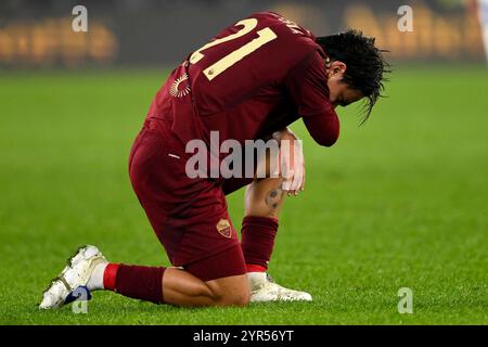 Rome, Italie. 02 décembre 2024. Paulo Dybala de l'AS Roma réagit lors du match de Serie A entre L'AS Roma et Atalanta BC au stade Olimpico à Rome (Italie), le 2 décembre 2024. Crédit : Insidefoto di andrea staccioli/Alamy Live News Banque D'Images