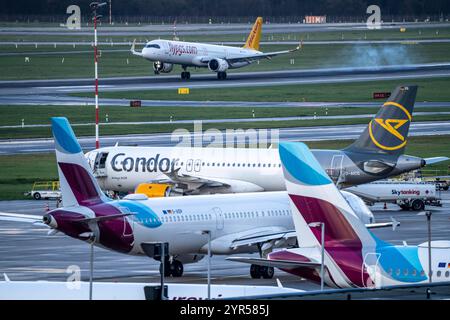 Flughafen Düsseldorf, Eurowings, Condor Flieger auf dem Vorfeld, Air Pegasus BEI der Landung, Düsseldorf, NRW, Deutschland, Flughafen dus *** Aéroport de Düsseldorf, Eurowings, avions Condor sur l'aire de trafic, Air Pegasus Landing, Düsseldorf, NRW, Allemagne, aéroport de dus Banque D'Images