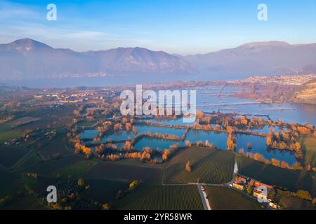 Vue aérienne des couleurs automnales de Torbiere del Sebino au coucher du soleil. Provaglio d'Iseo, province de Brescia, région des lacs, Lombardie, Italie, Europe. Banque D'Images