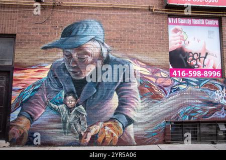 Murale représentant les débuts de la vie dans Chinatown sur Grange place dans le centre-ville de Toronto, Ontario, Canada Banque D'Images