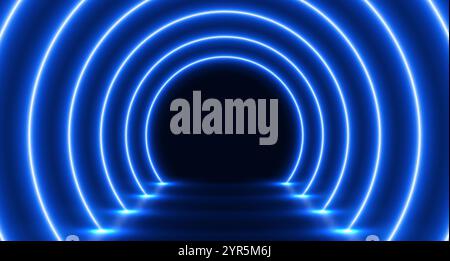 Tunnel d'arc lumineux au néon, pièce futuriste avec couloir mené, fond moderne. Illustration de Vecteur