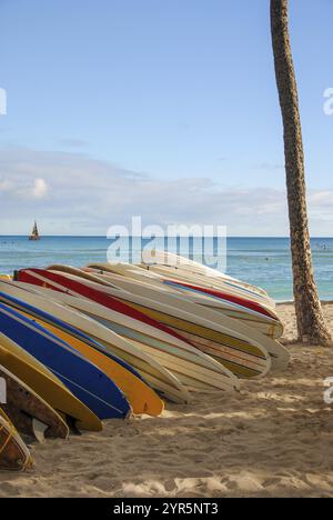 Plan vertical de plusieurs planches de surf exposées sur un rack sur une plage à Hawaï Banque D'Images