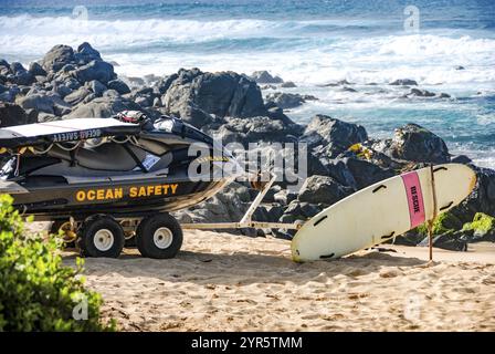 Un jet ski et une planche de sauvetage de surf en attente sur une plage à Hawaï Banque D'Images